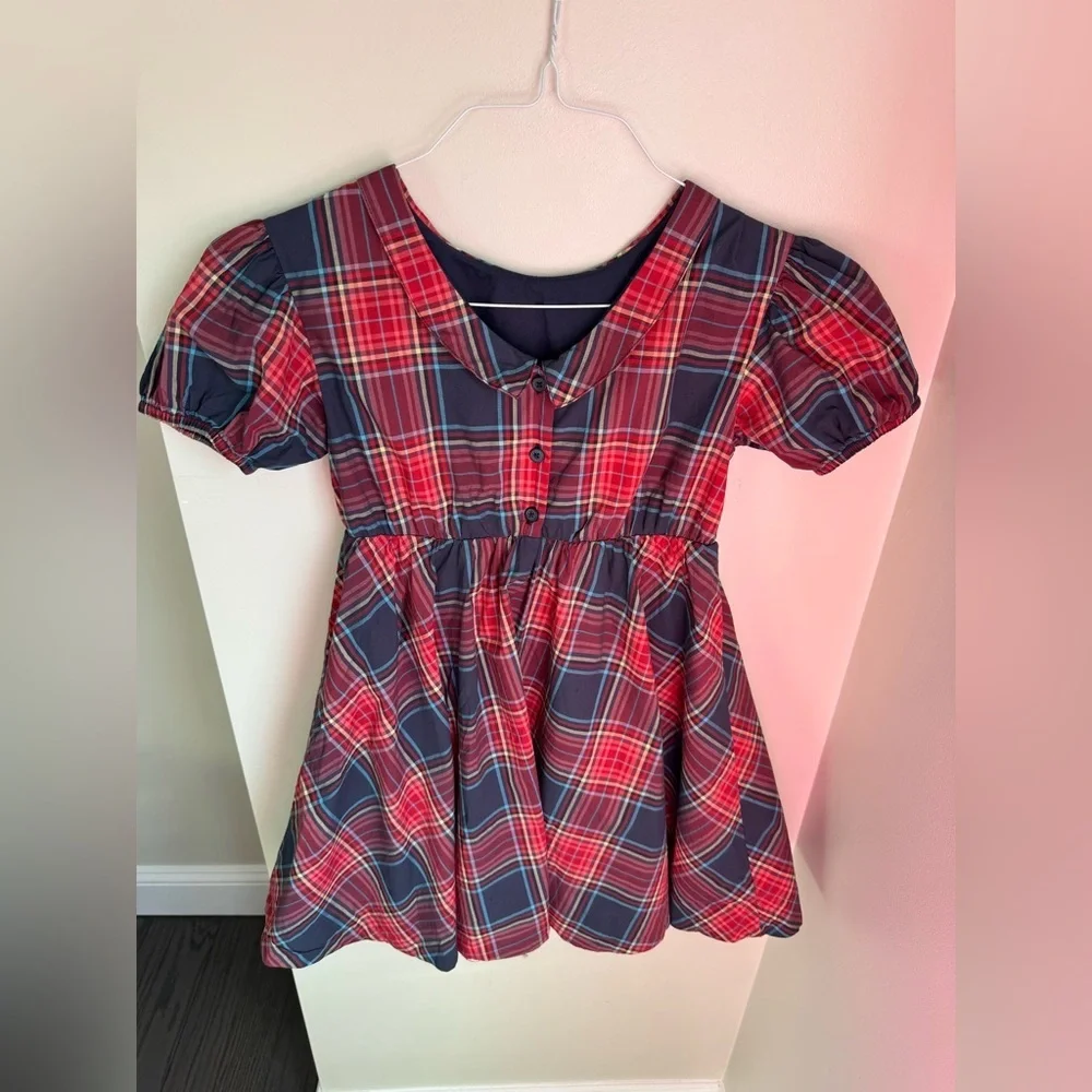 Tea Collection Christmas Plaid Puff Sleeve Collared Dress Girls Size 7